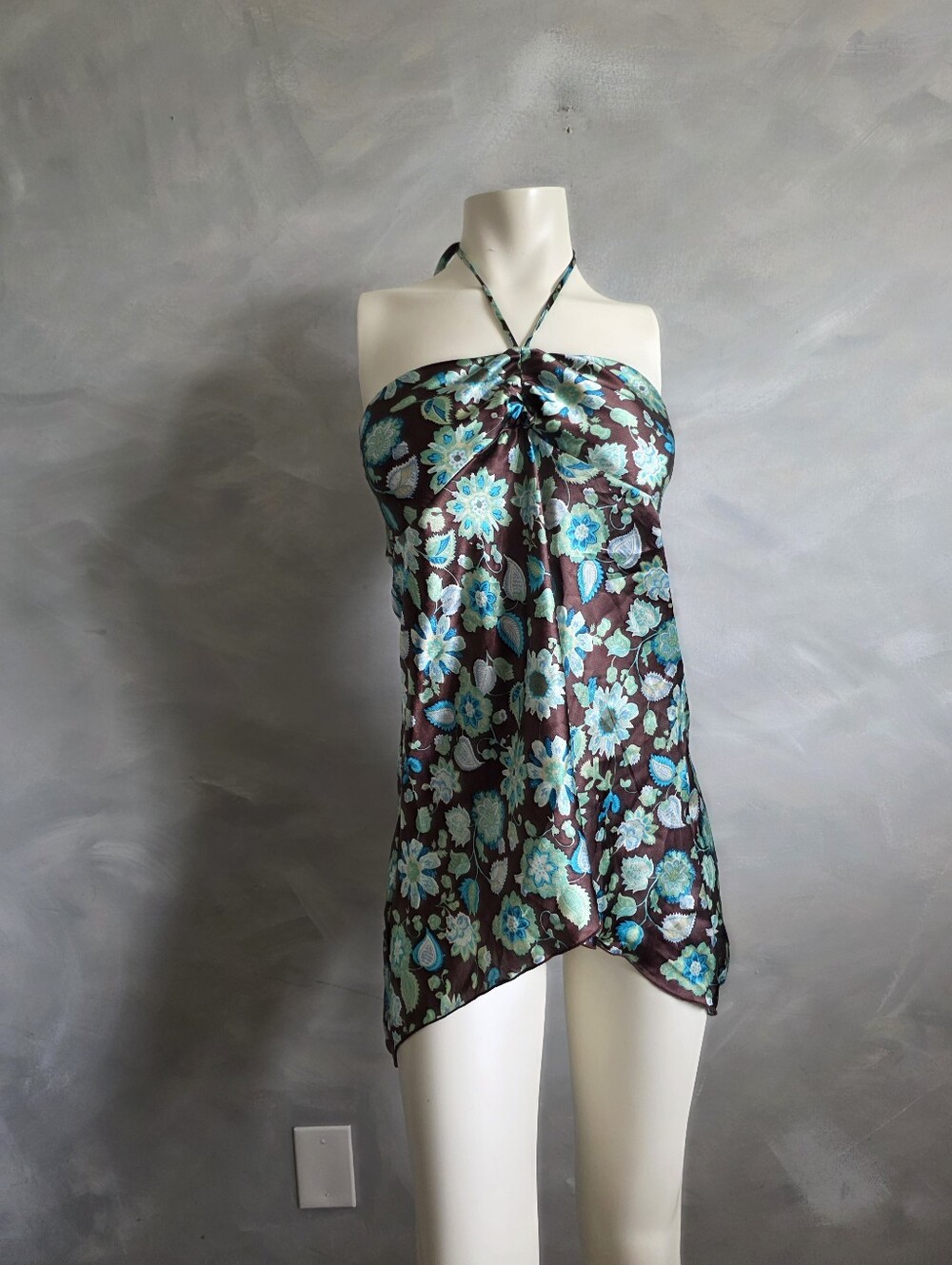 Vtg Y2K 00s Bratz Blue Brown Tie Neck Halter Smocked Back Hankerchief M
